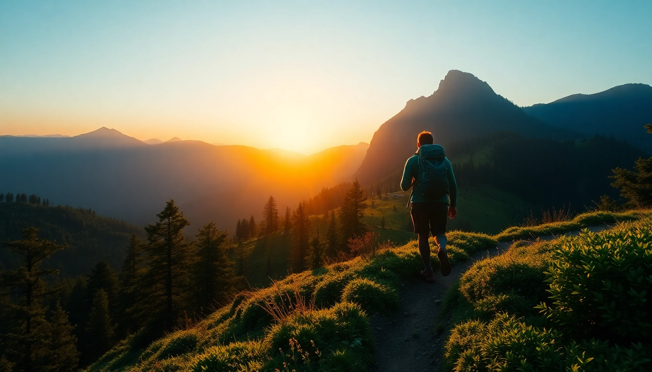 Hiking activity in nature with a hiker walking through lush mountain trails, emphasizing outdoor adventure and scenic views.