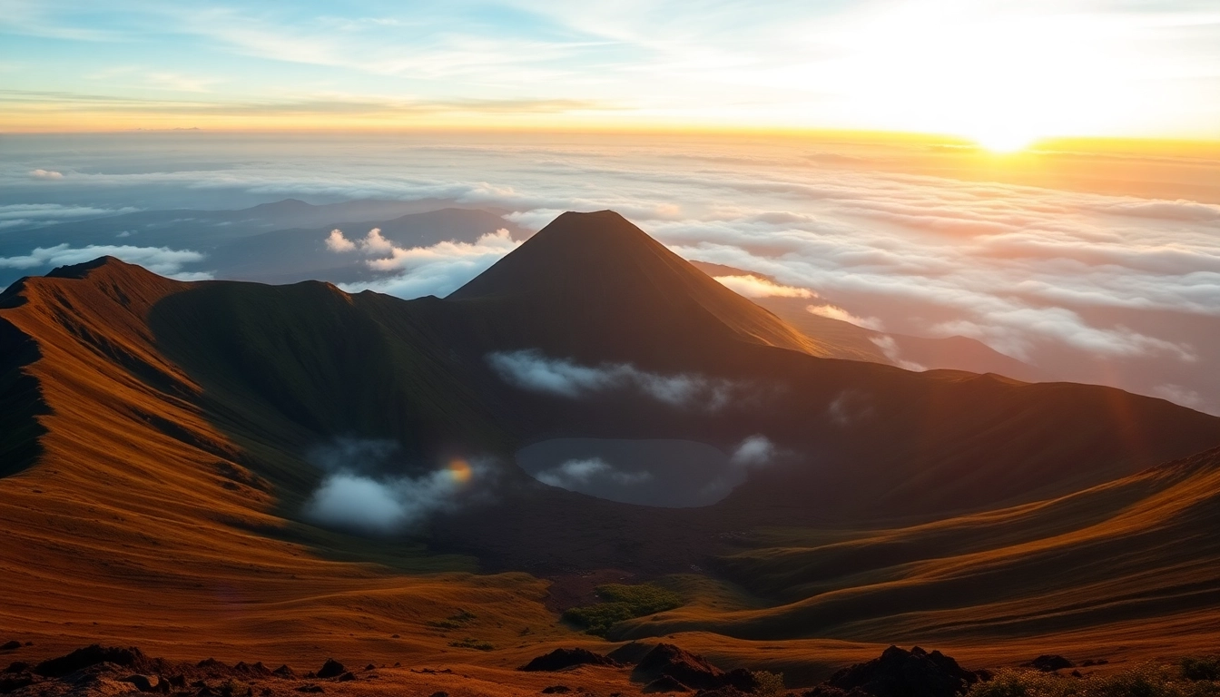 Hiking near Mount Rinjani's summit with breathtaking views of the volcanic crater and surrounding landscape.