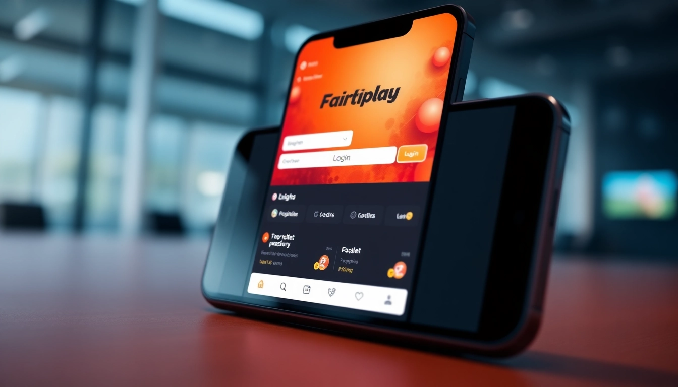 Illustration of fairplay online betting platform with user login screen on a mobile device, emphasizing security and vibrant theme in orange and black for engaging online sports betting experience.