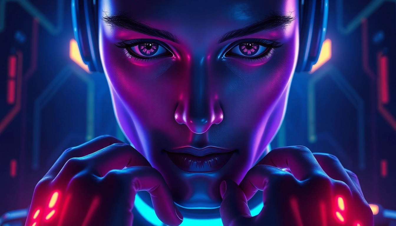 A hyper-realistic AI avatar with glowing neon accents in a cyberpunk setting, emphasizing emotional connection and digital textures.