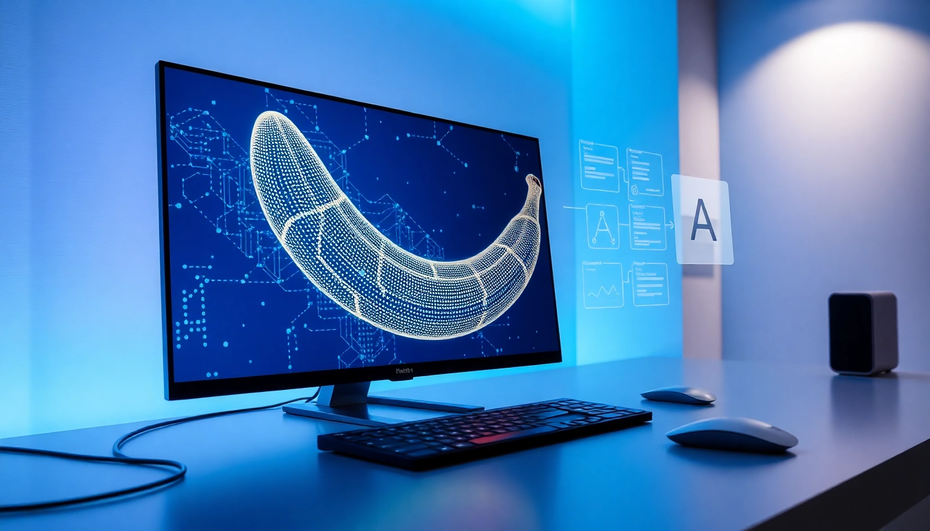Futuristic workspace with AI-generated nano banana image on a digital screen