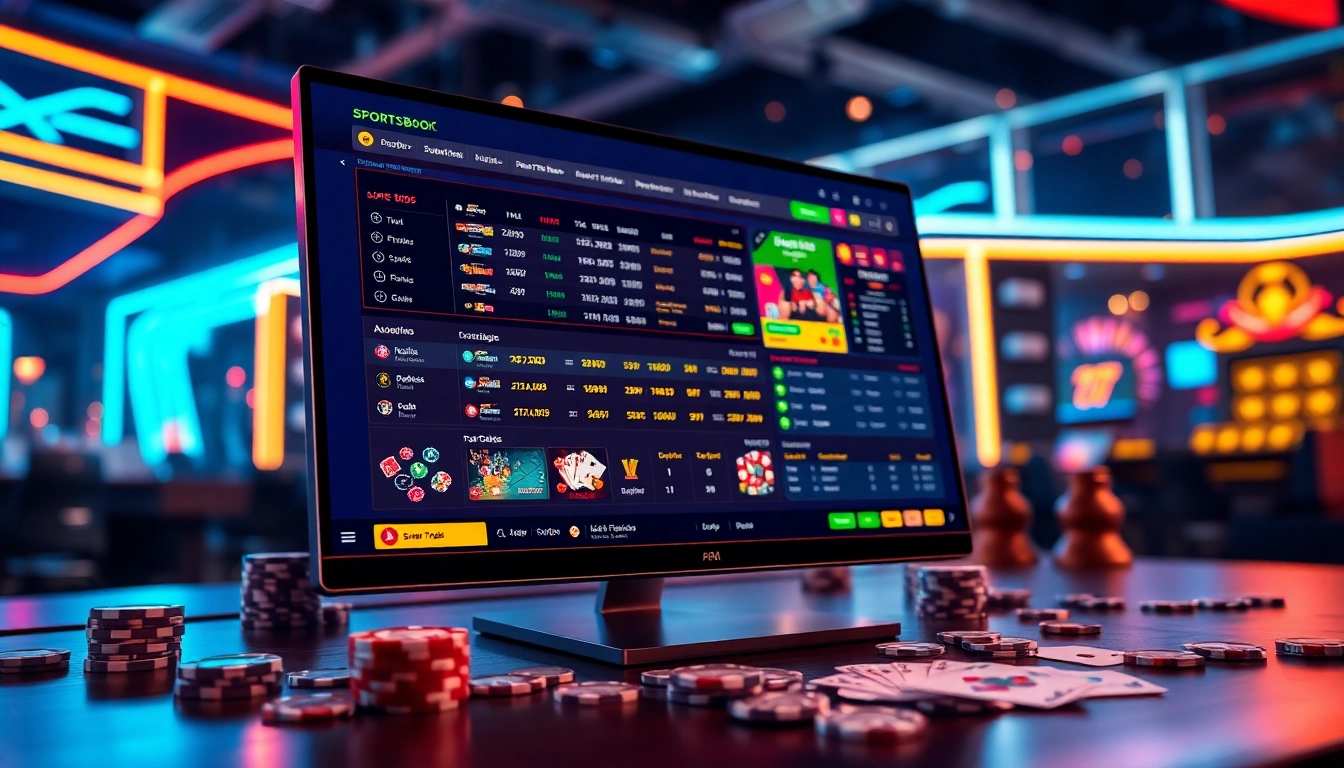 An engaging digital scene of a sportsbook and casino platform on a computer screen with vibrant neon lights and betting options.