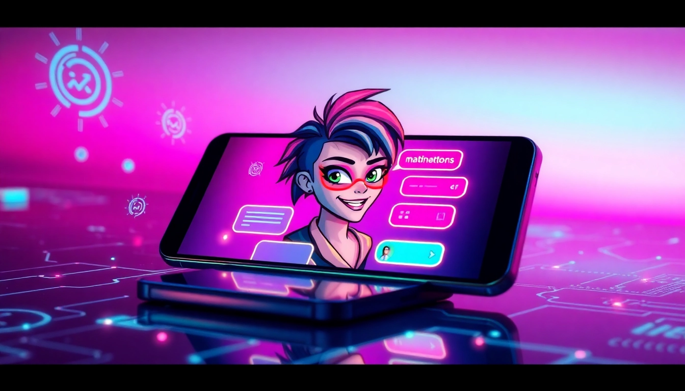 Futuristic digital chat interface with a stylish avatar on a smartphone screen, neon colors and holographic effects.