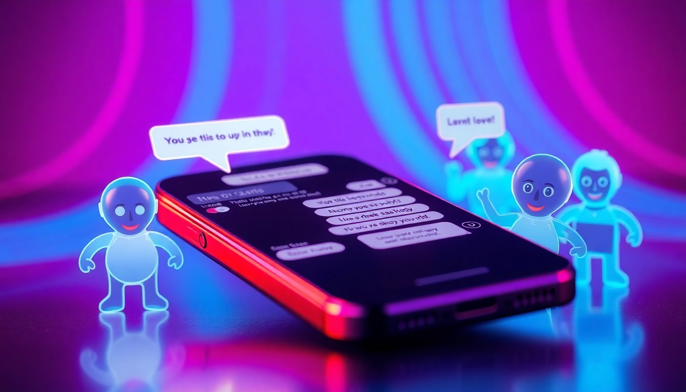 Futuristic smartphone displaying a lively chat interface with holographic characters and glowing data streams, representing juicy AI and sex chat AI themes.