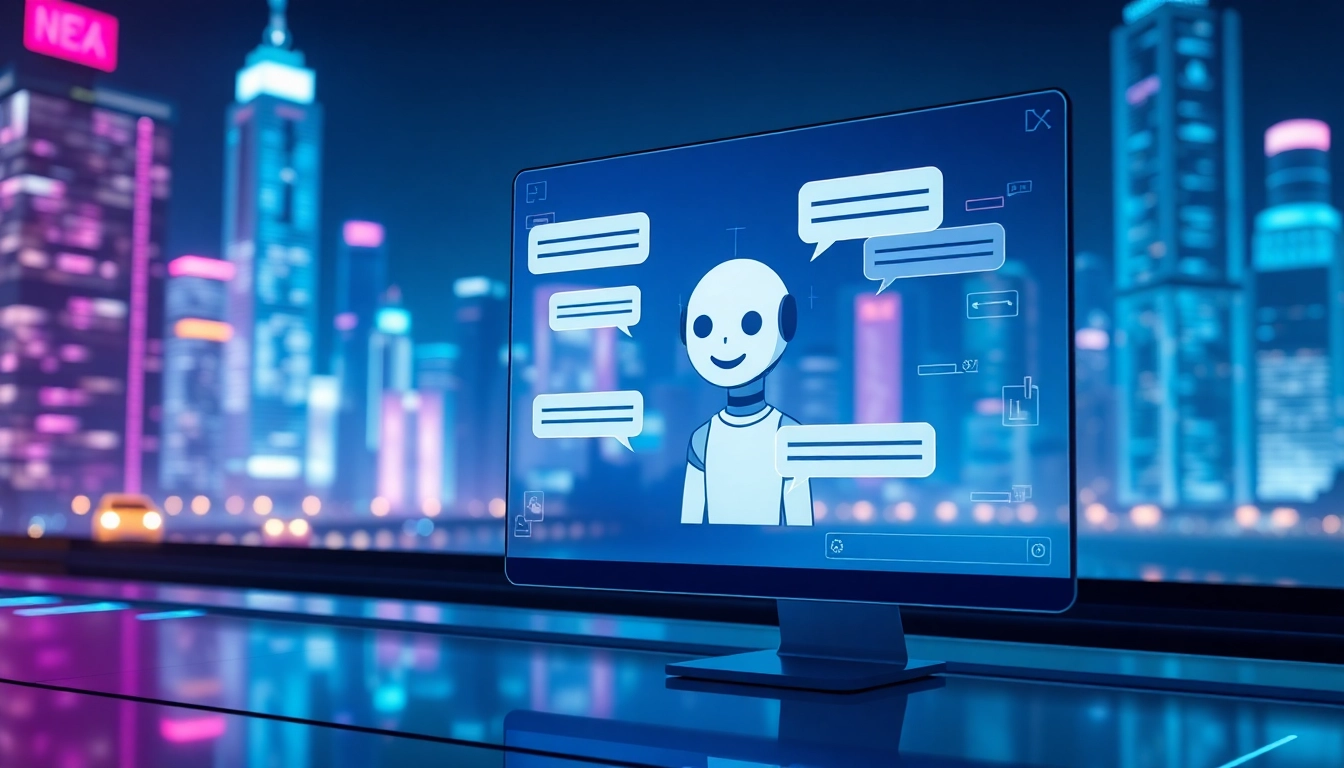 Futuristic AI chatbot interface with neon city background and holographic conversation bubbles.