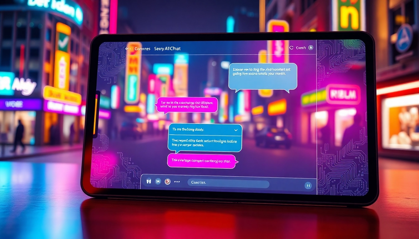 Futuristic digital chat interface on a device with neon cityscape background, representing advanced AI conversation platform.