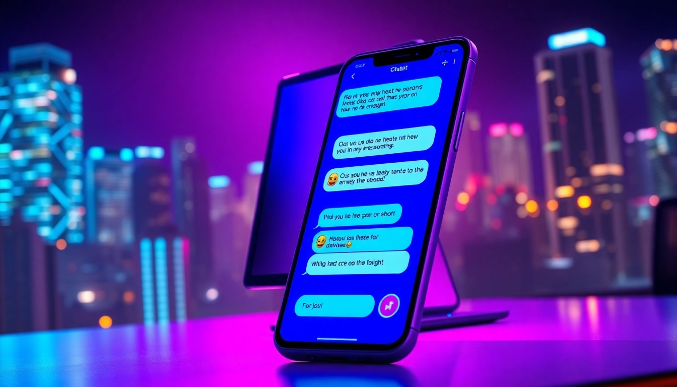 Futuristic digital interface with chat screens and neon cityscape, highlighting spicy AI chat features.