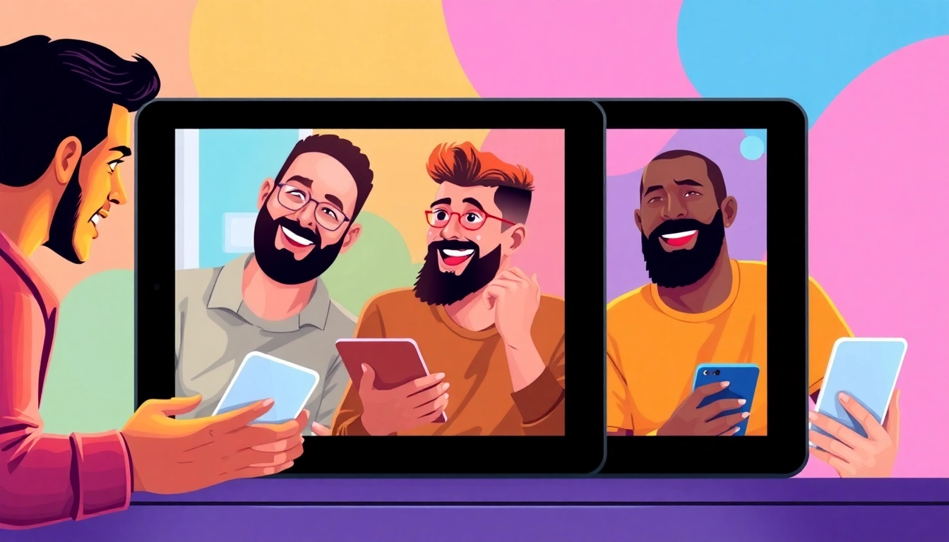 Engaging gay chat session with diverse men using smartphones, highlighting friendly and secure
